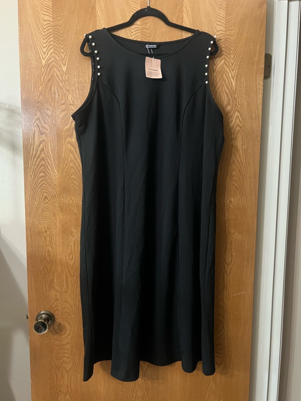 BloomChic Black Midi Dress with Pearl-Accent Shoulders